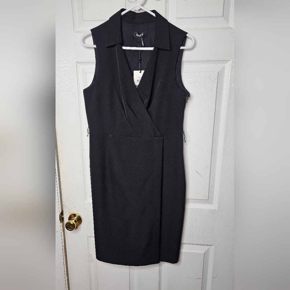 NWT DKNY Black Surplice Faux Wrap Sheath Dress Size 8